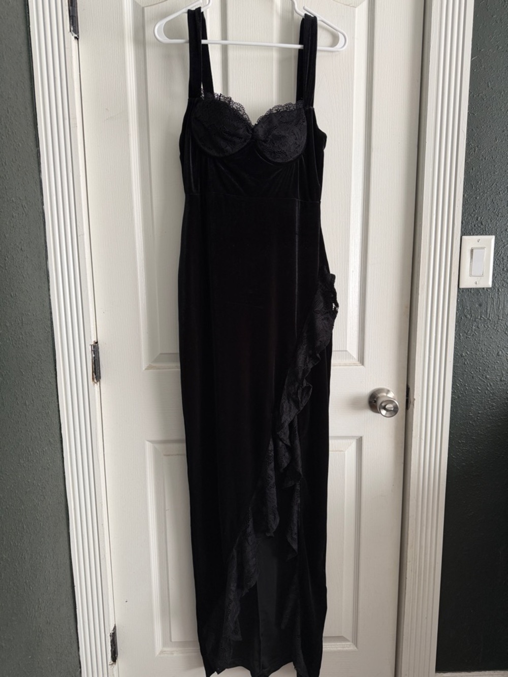Windsor Black Velvet Maxi Dress with Lace Ruffle